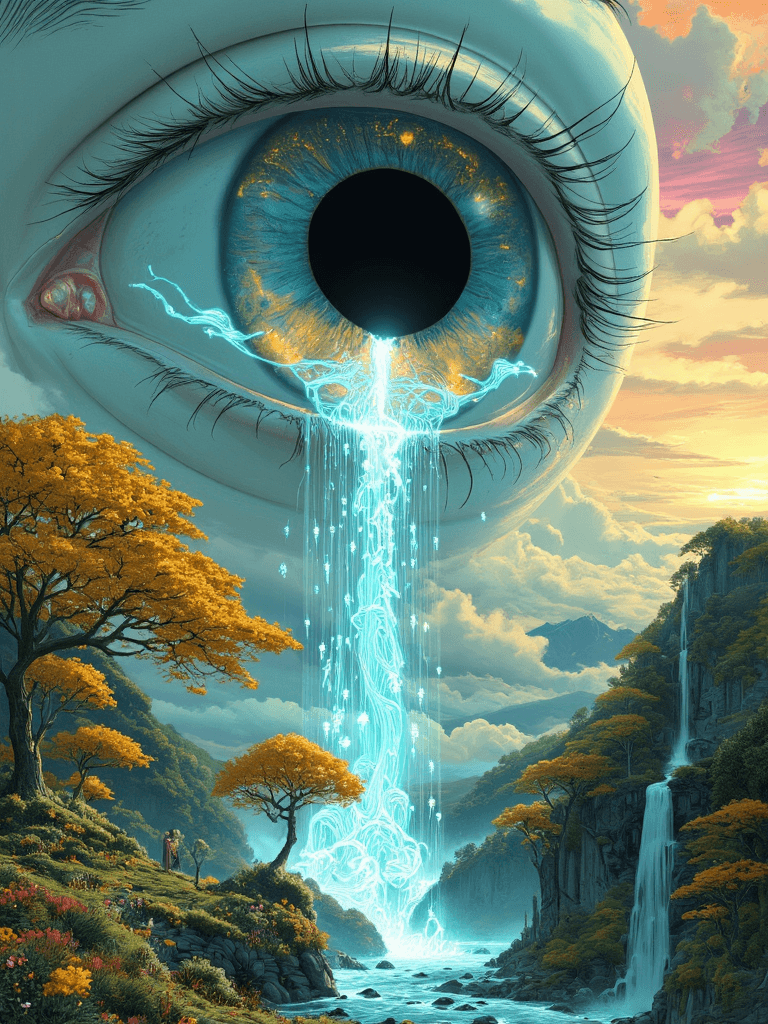 AI generated: A colossal eye, hundreds of meters across (1.4), dominates the heavens, its elegant form hovering in...