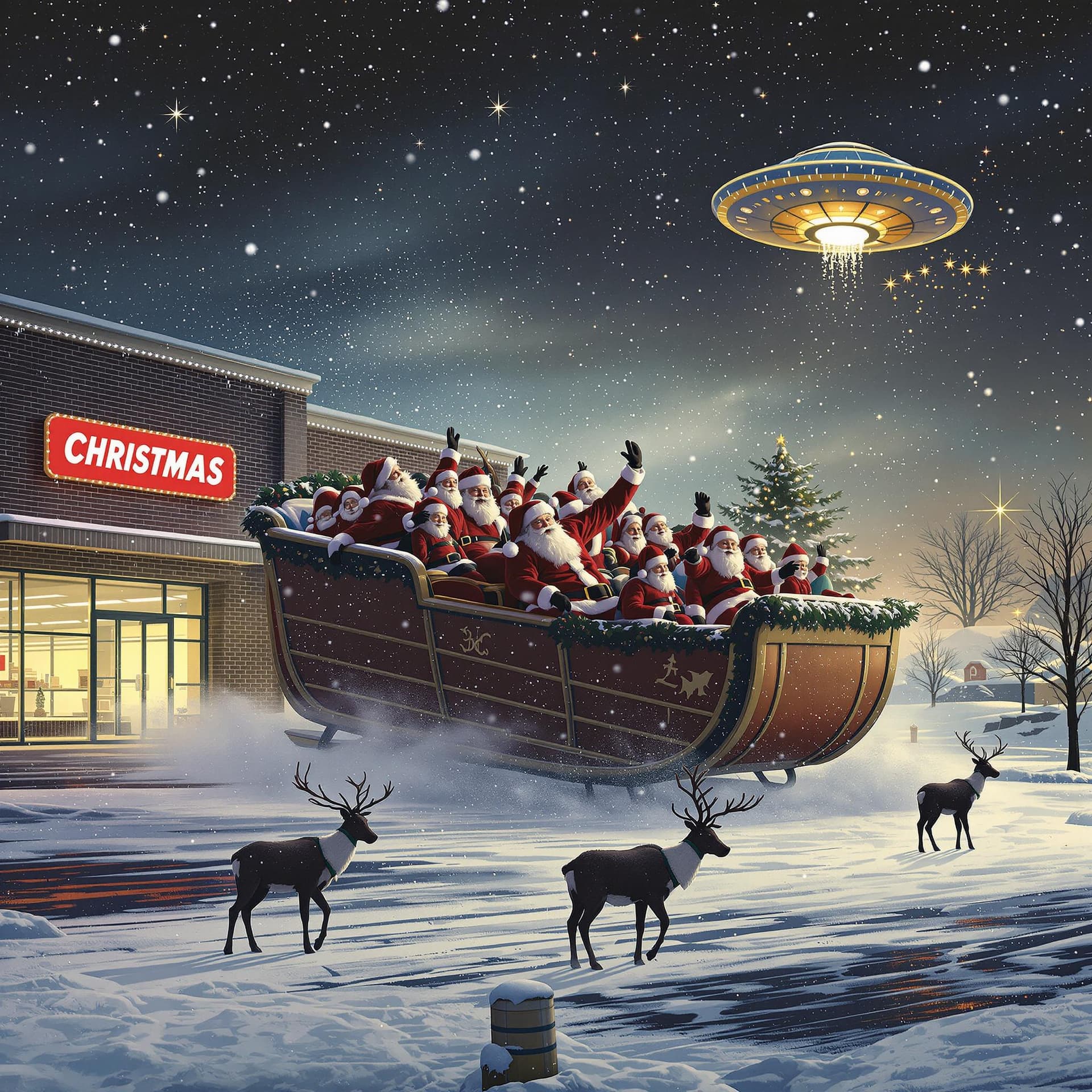AI generated: In an oversized shopping barreling out of a dept store in the snow, with 10 santas riding in it, in ...