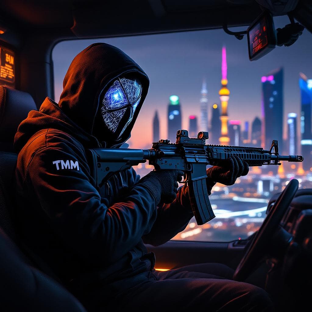 AI generated: black ops theme CHARACTER wearing face mask holding A DIAMOND  ak-47 dark theme, futuristic, wearing...