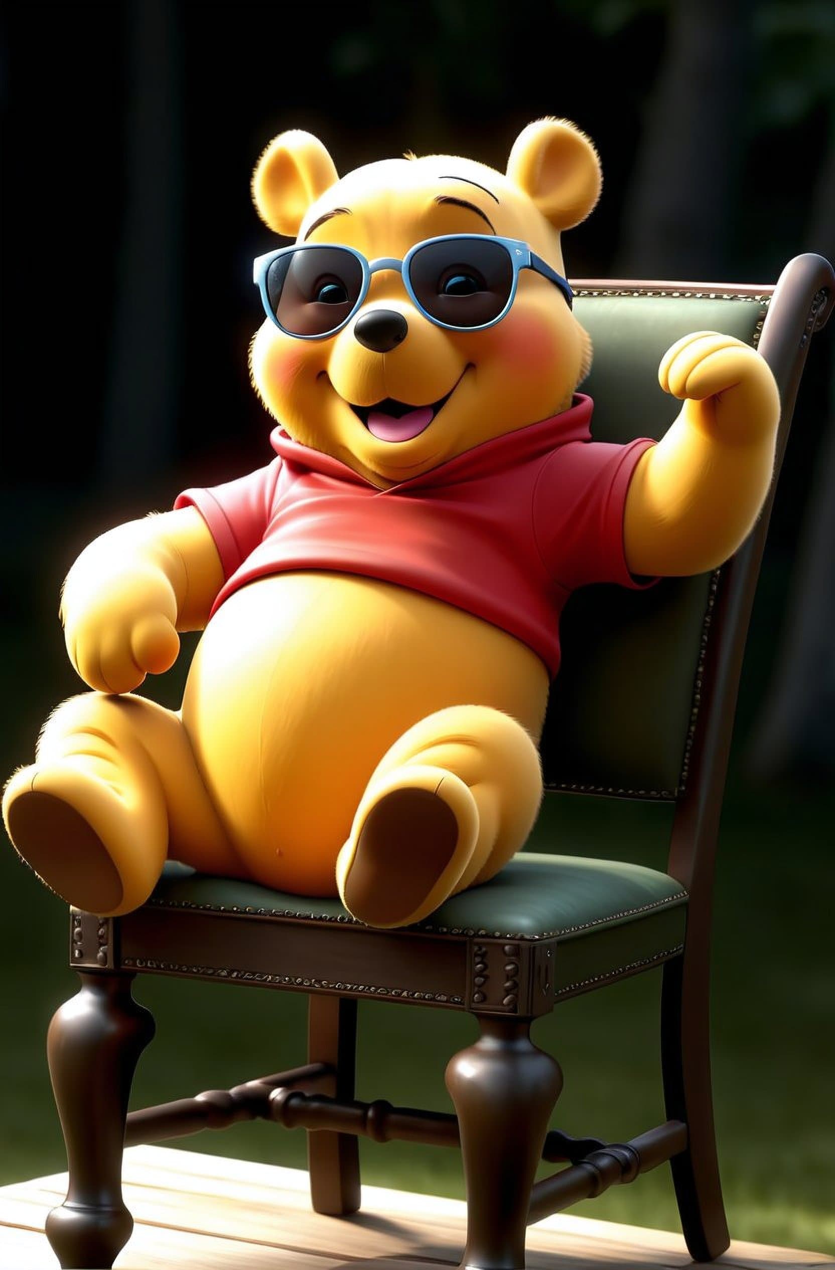 AI generated: winnie the pooh with sunglasses jumping off a chair, no watermark signature, insanely detailed, ((ma...