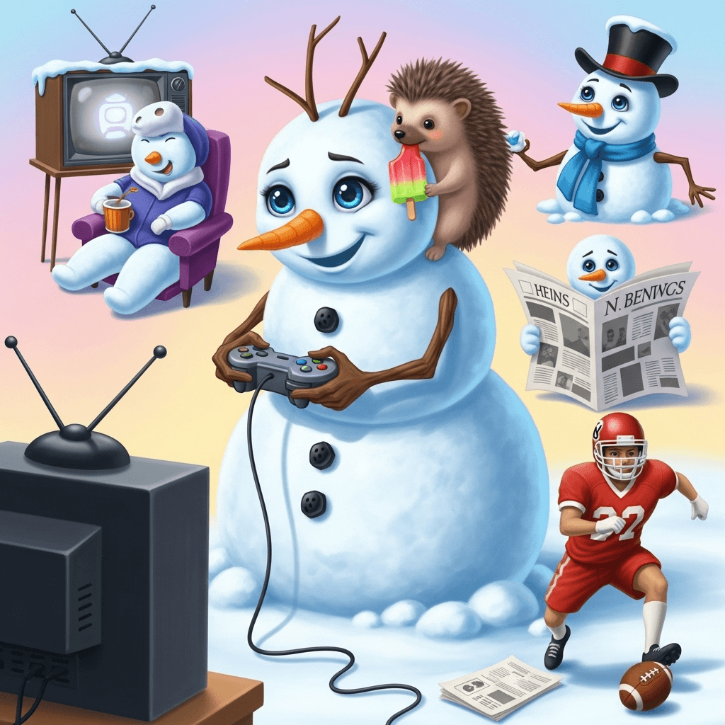 AI generated: un muñeco de nieve  con los ojos  verdes jugando a videojuegos  chupando un erizo sentado en el bate...