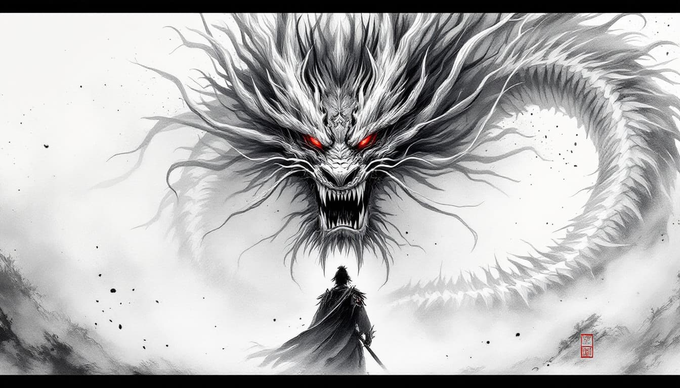 AI generated: japanese samurai in front of a dragon, in the style of minimalist ink wash, 2d game art, witchcore, ...
