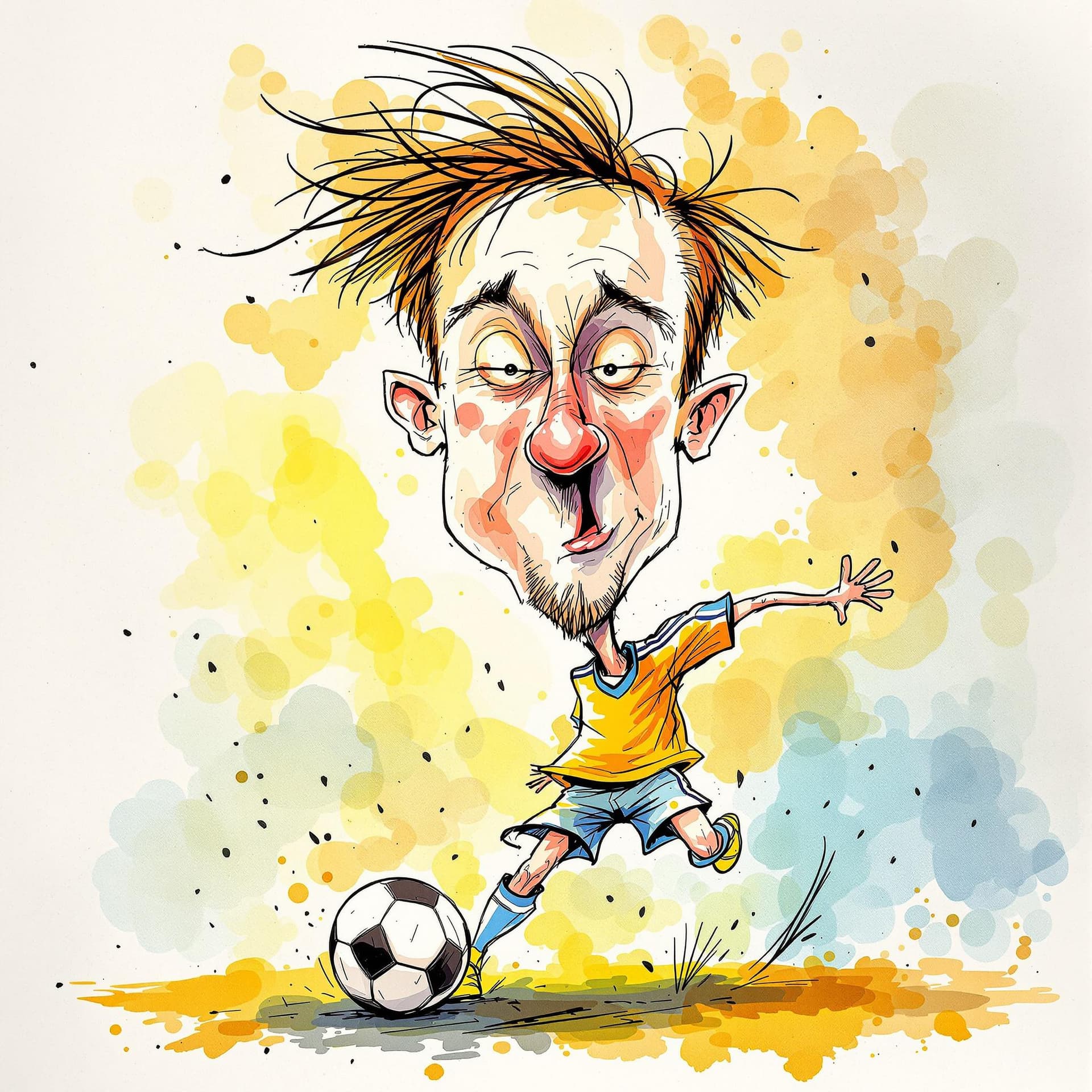 AI generated:  Quentin Blake caricature. Medium shot. Young boy soccer player. Hand-drawn lines. Expressive ink sp...