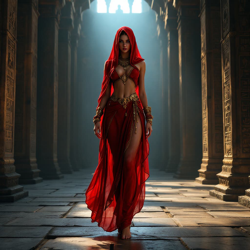 AI generated: A highly detailed CGI image features a woman with a slender, toned physique, wearing an elaborate re...