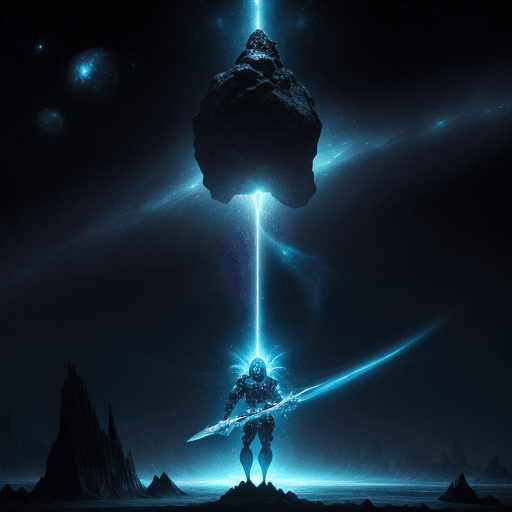 AI generated: A grand cosmic scene featuring a powerful, armored guardian standing atop a floating asteroid. The g...