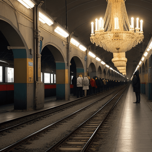 AI generated: People waiting beside empty tracks in a Russian underground with chandeliers 