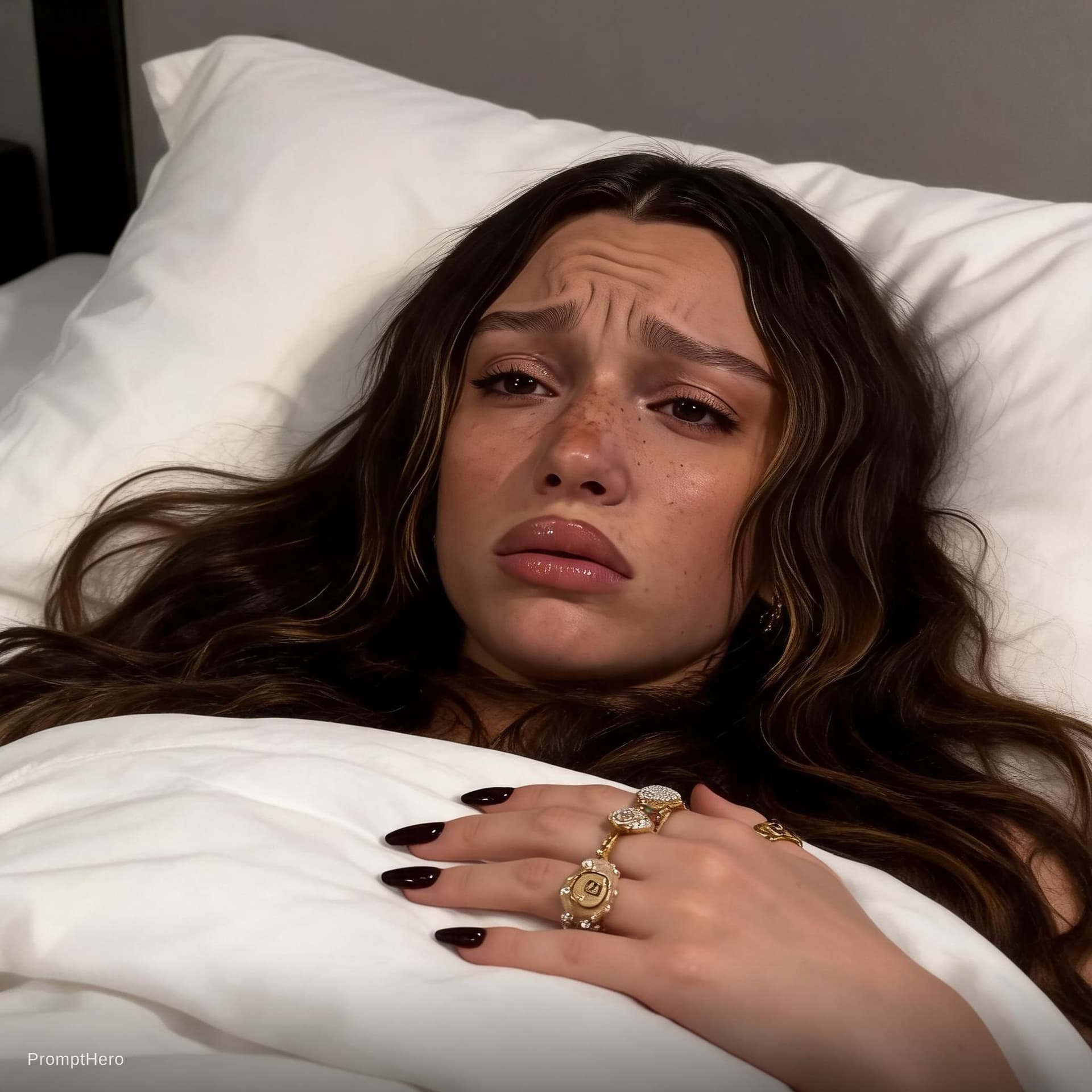 AI generated: Vive il dolore in modo profondo e appassionato mentre sta sdraiata sul letto 