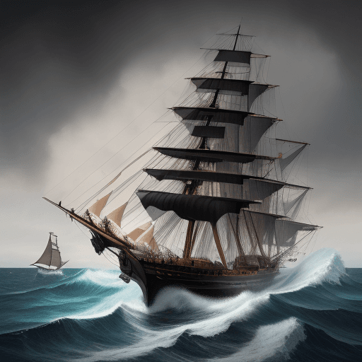 AI generated: Black Pearl sailing ship, gun design, mast broken, Hull Fire, rough seas, waves, wind, modern art, s...