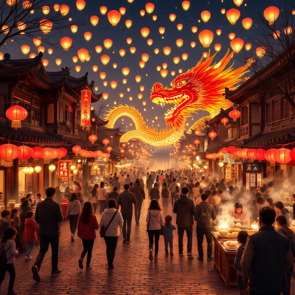 AI generated: A high-resolution photograph of the Lantern Festival at night in a traditional Chinese town. Red lan...