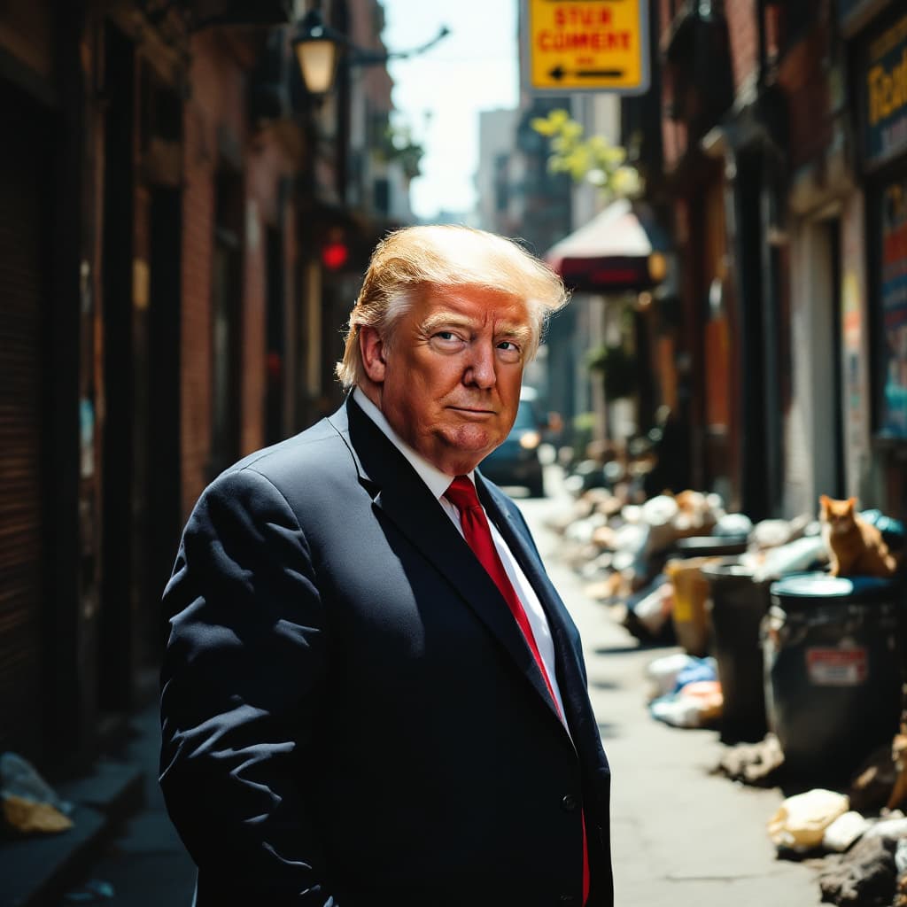 AI generated: an image of Donald trump standing straight on, head turned slightly to her left, looking directly in...