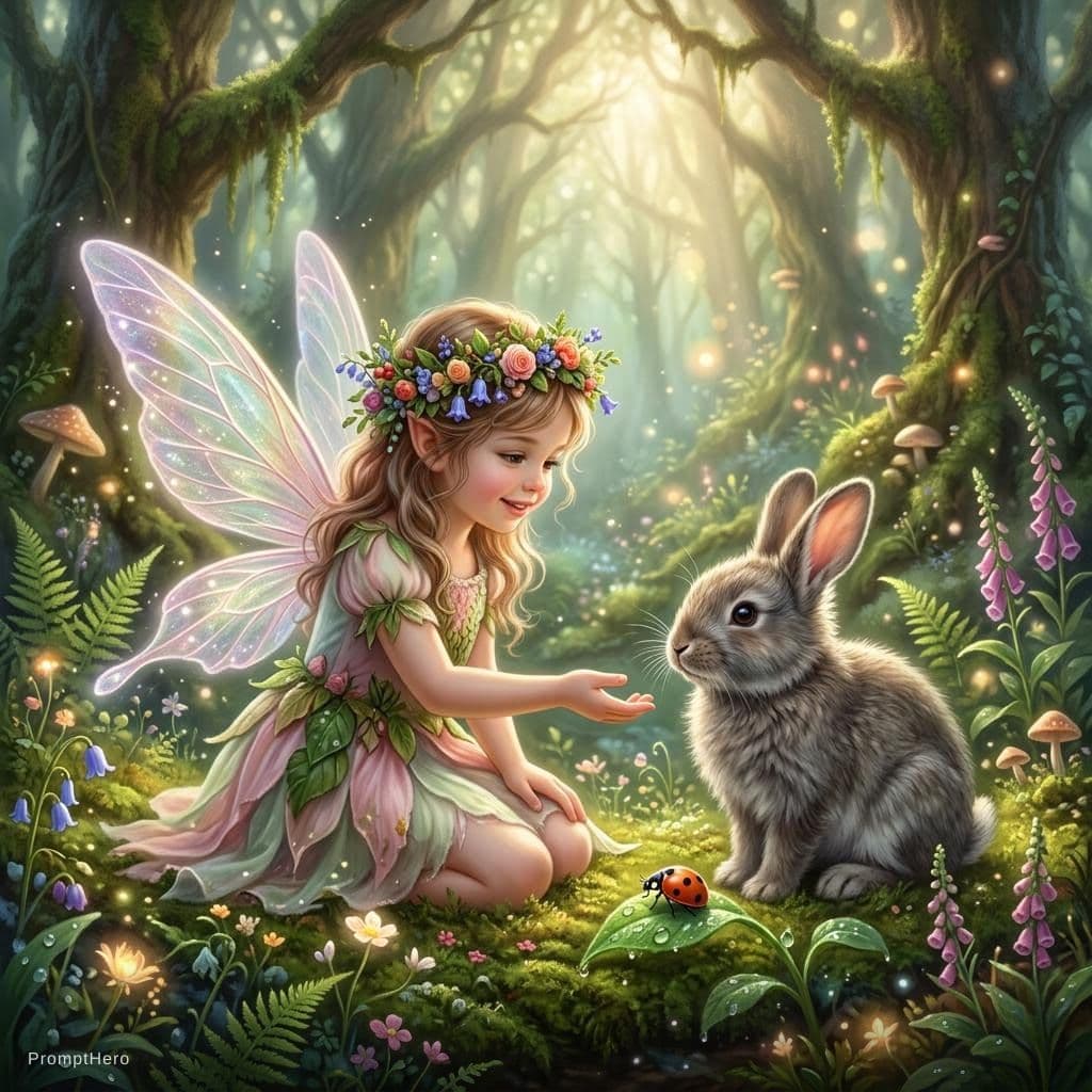 AI generated: A young fairy with delicate, translucent wings and a flower crown interacts with a fluffy rabbit, an...