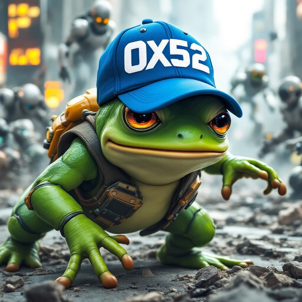 AI generated: Green Frog Pepe meme character wearing a blue baseball cap with '0X52' in bold white letters, doing ...