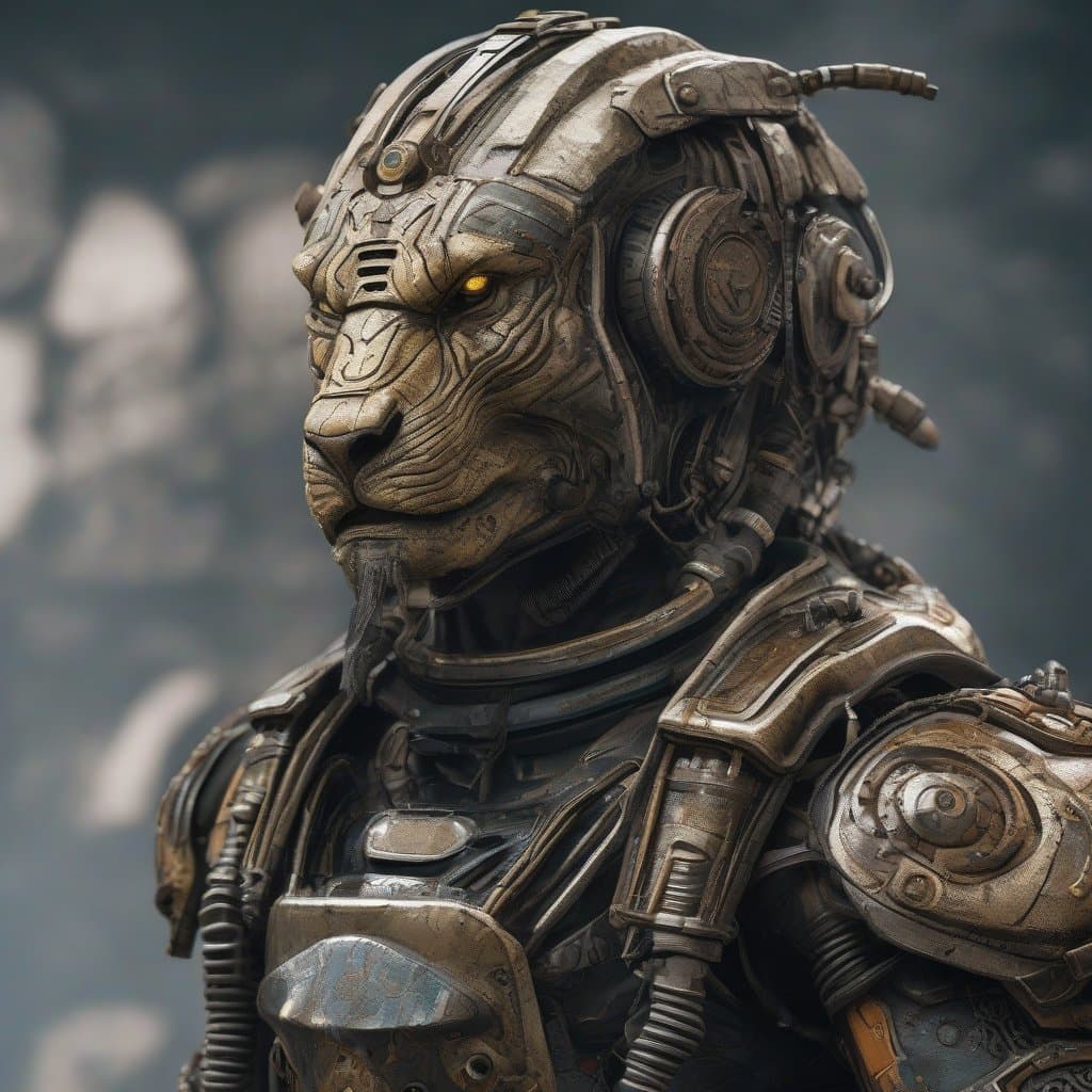 AI generated: Full body view of a battered extraterrestrial space warrior, looking faintly like an athletic humano...