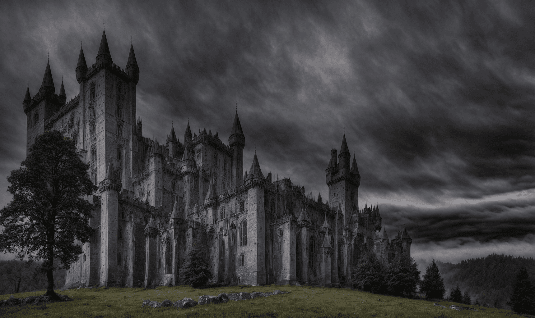 AI generated: An abandoned medieval castle on a hill, shrouded in mist, thick gray clouds looming overhead, dark a...