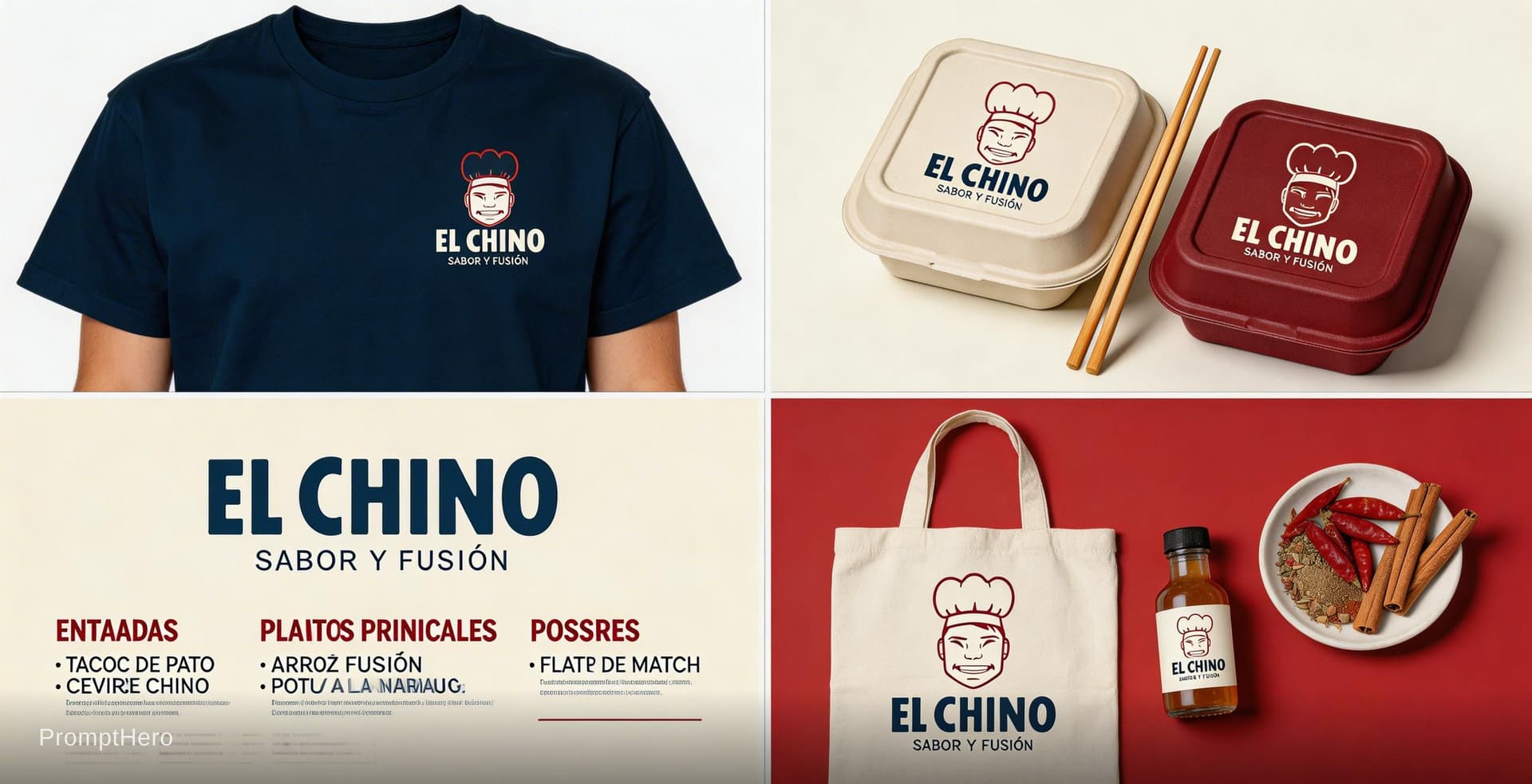AI generated: Brand applications for restaurant "EL CHINO", including staff uniforms, packaging, menu, and other b...