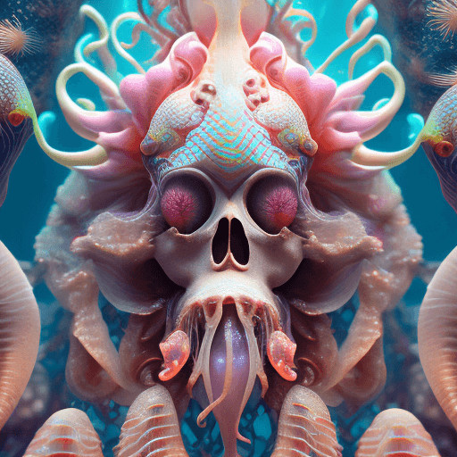 AI generated: Goddess close-up portrait ribcagel. jellyfish phoenix head, nautilus, orchid, skull, betta fish, bio...
