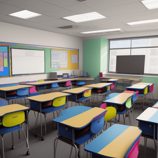 AI generated: An image of a student of the future, in a multicolored classroom, in HD