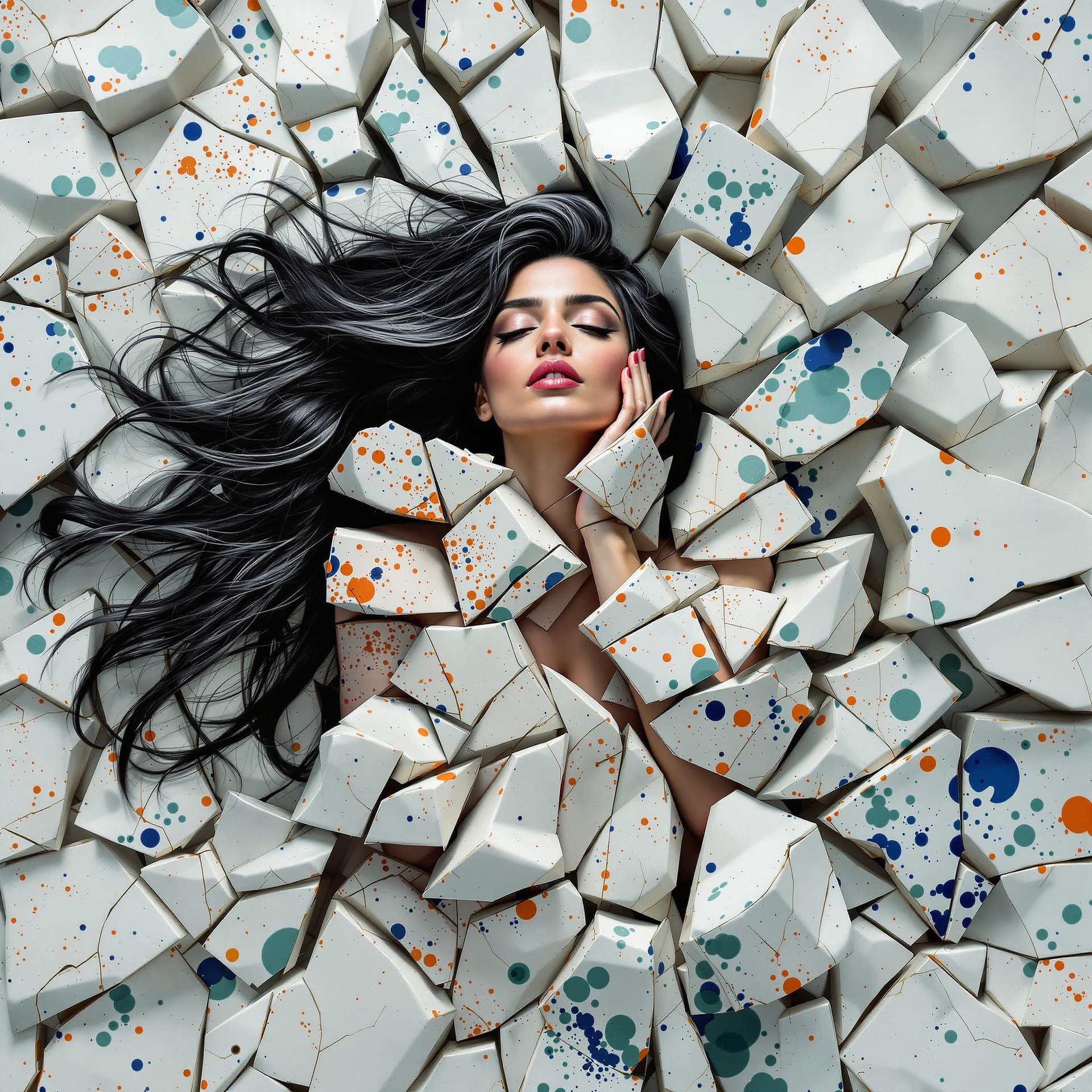 AI generated: A middle-aged woman of Indian descent, her dark hair streaked with silver, appears fractured and spl...