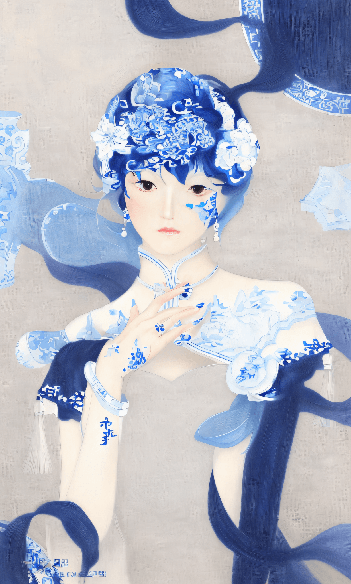 AI generated: painting of a woman in a white dress with a blue and white vase, palace ， a girl in hanfu, korean ar...