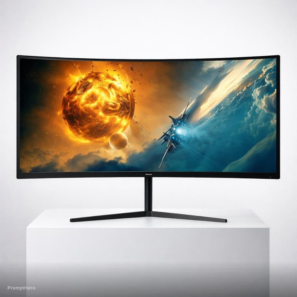 AI generated: "High-quality e-commerce product image of a curved monitor, keep the exact original design, shape, a...