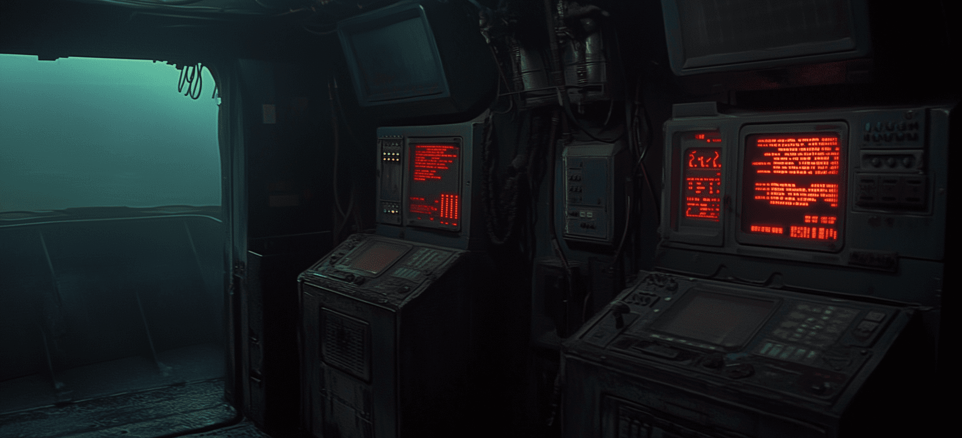 AI generated: Cinematic shot of the bridge from movie, there is an LED display with two small screens showing comp...
