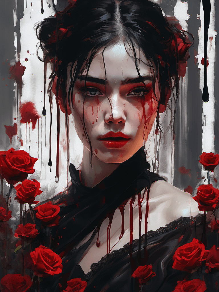 AI generated: close up, narcissistic 17yo girl, ethereal beauty, crying, black dress, dripping oil, dead roses aro...