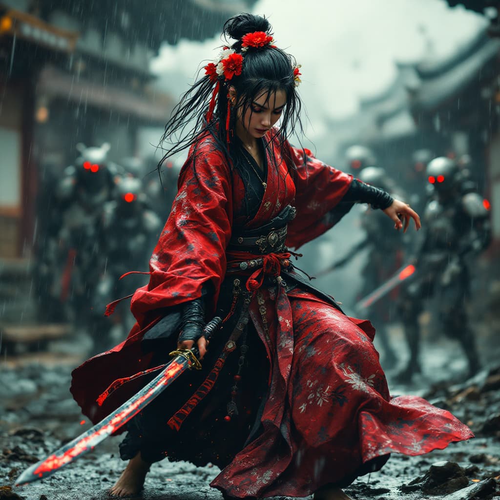 AI generated: Full body view of a fierce samurai woman of Japanese descent in a flowing red and black kimono, her ...