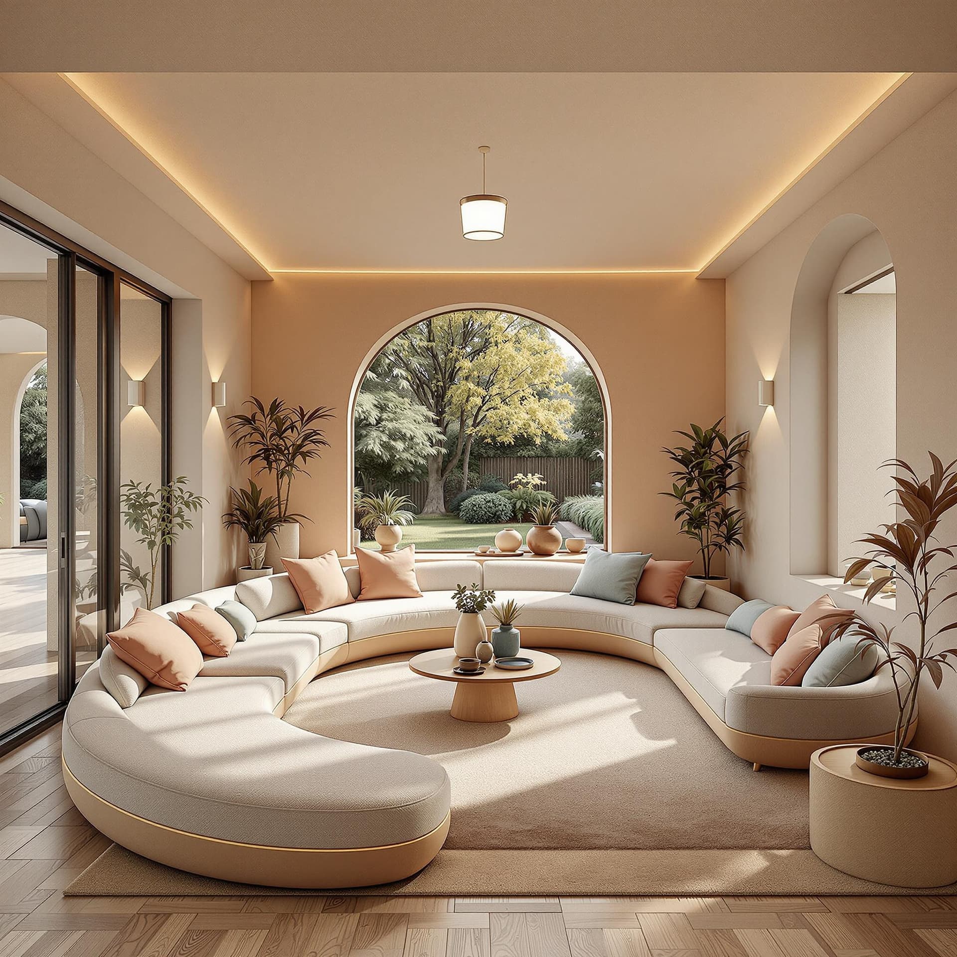 AI generated: High resolution photography interior design, dreamy sunken living room conversation pit, wooden floo...