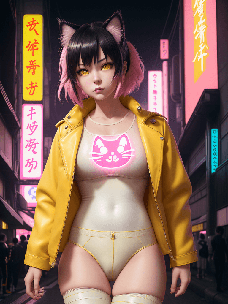 AI generated: An anthropomorphic Kozuki Hiyori , cat nose pink outline, in neo-Tokyo, cyberpunk yellow leather jac...