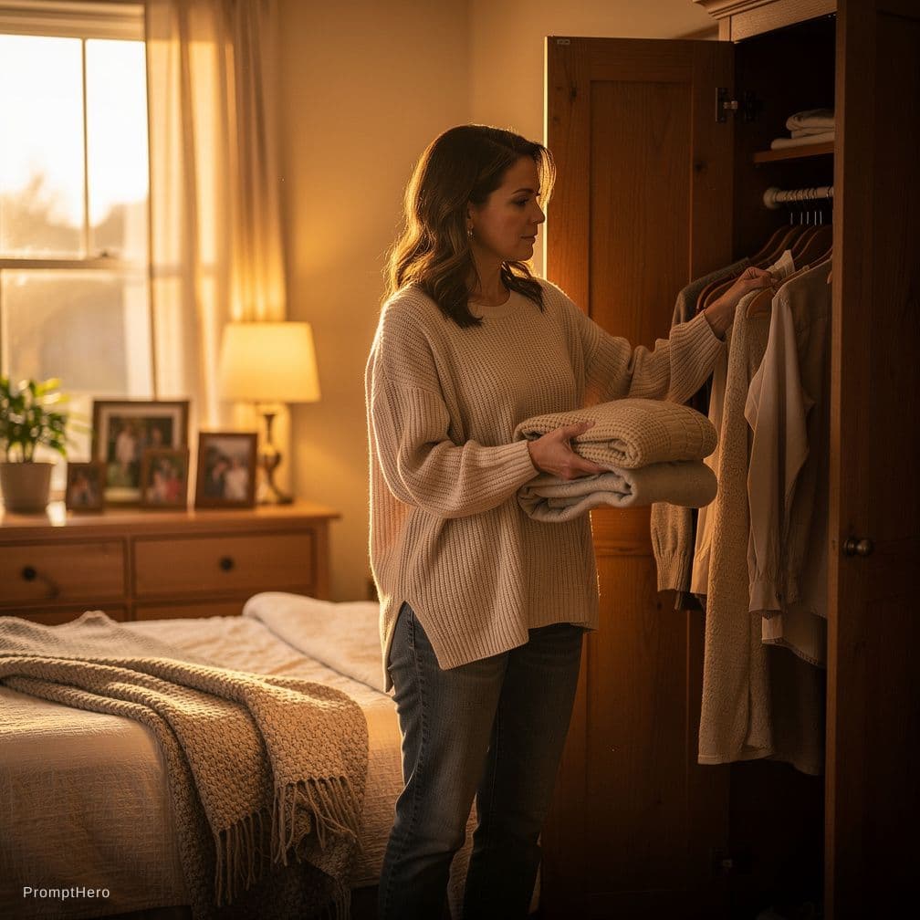 AI generated: Sandra Bullock, unchloting on the bed, in the bedroom