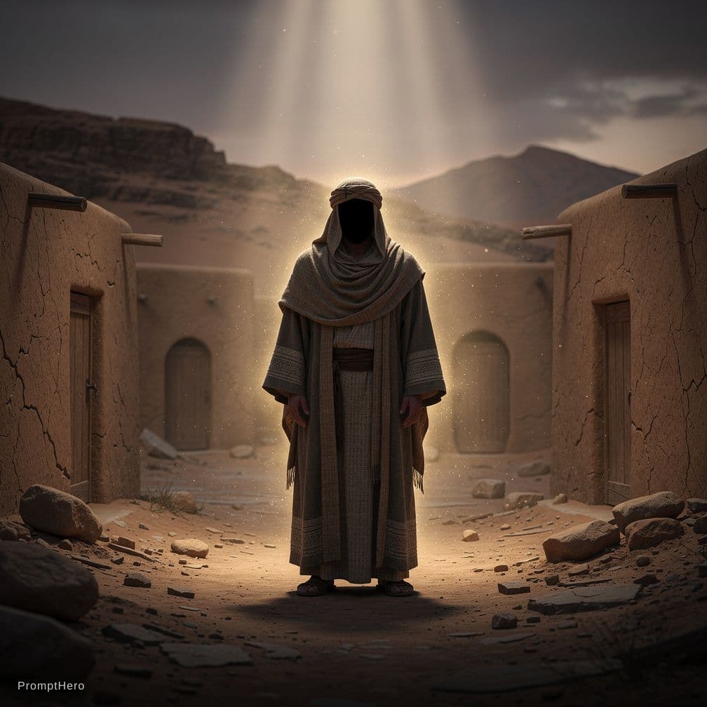 AI generated: A mysterious man standing alone in a 7th-century desert village, wearing authentic 7th-century Arabi...