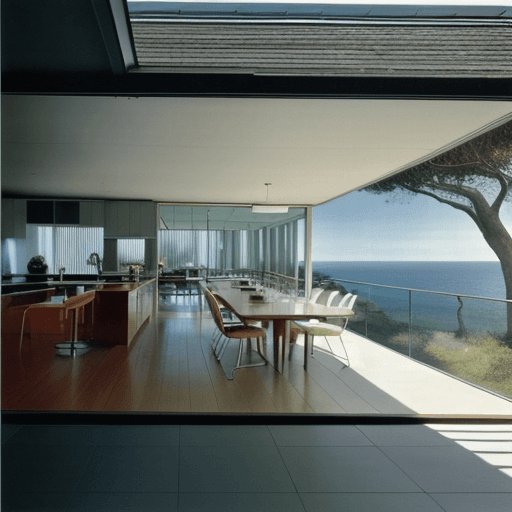 AI generated: Hyper realistic eye level exterior photo of a mid century modern style house overlooking the ocean, ...