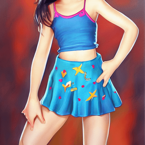 AI generated: image of a preteen small waist, big boobs, big ass, big legs, wearing skirt by Stanley Artgerm lu