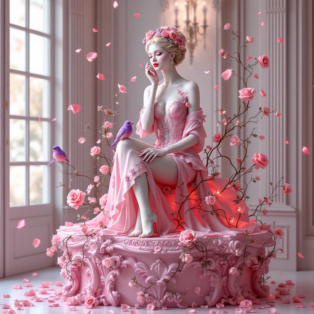 AI generated: Prompt: Create a realistic image: "An elegant, detailed sculpture of a woman made of rose porcelain,...