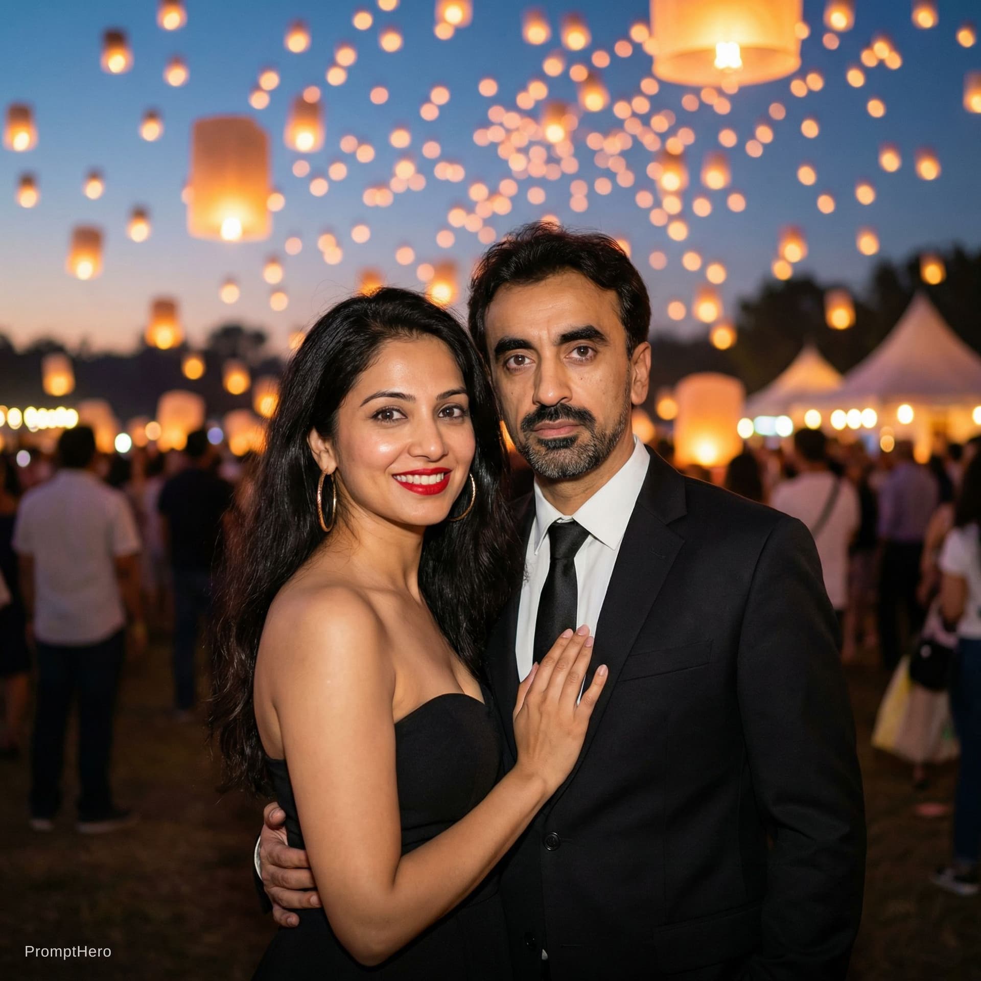 AI generated: An elegantly dressed couple poses under a twilight sky filled with hundreds of floating lanterns, cr...