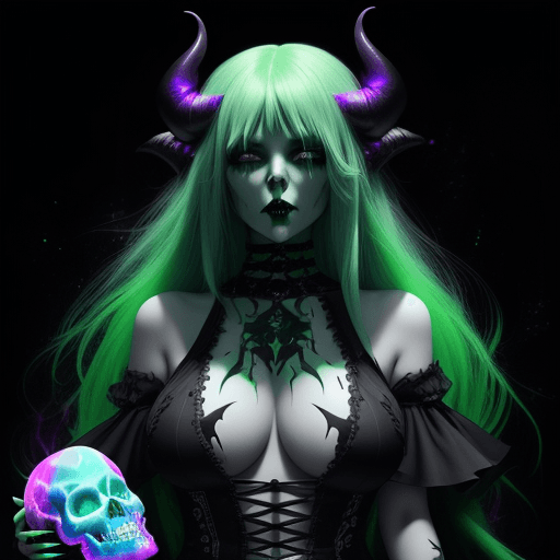 AI generated: Gorgeous demon girl with long toxic green hair, curvy body, black gothic style clothing, holding a g...
