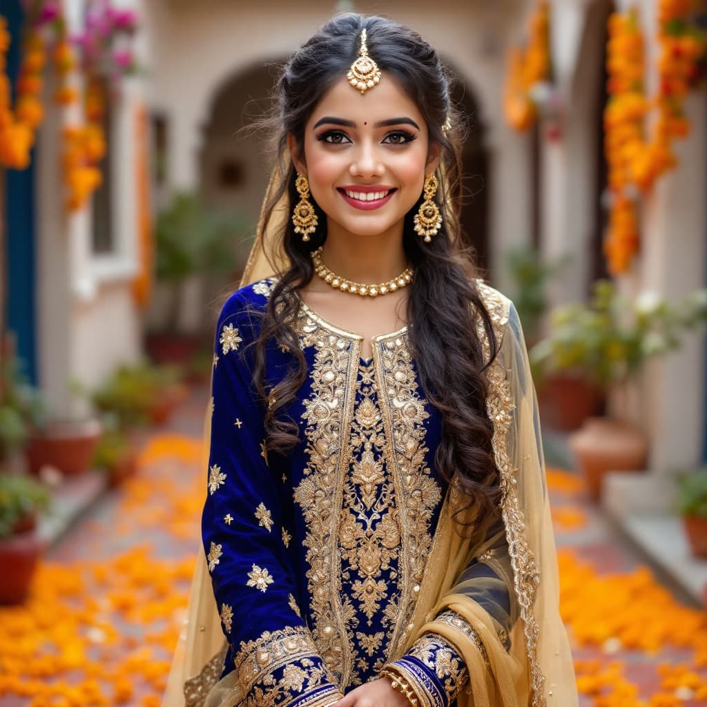 AI generated: A beautiful Indian girl with a radiant smile, dressed in a royal blue and gold churidar suit with in...