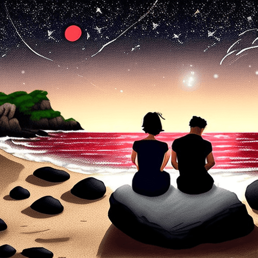 AI generated: please draw me a couple sitting on the seashore, on the rocks in the night, make it look from the ba...