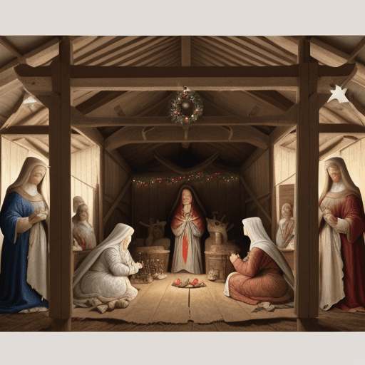 AI generated: A hyperrealistic painting of the christmas manger. Both, Virgin Mary and Saint Joseph are in a conte...