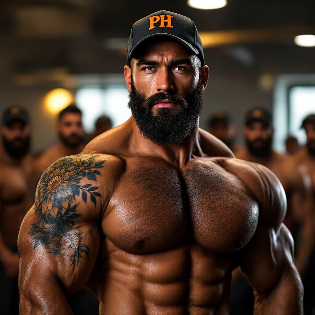 AI generated: "A muscular, hairy man with an intense and confident expression, featuring deep-set brown eyes, a st...