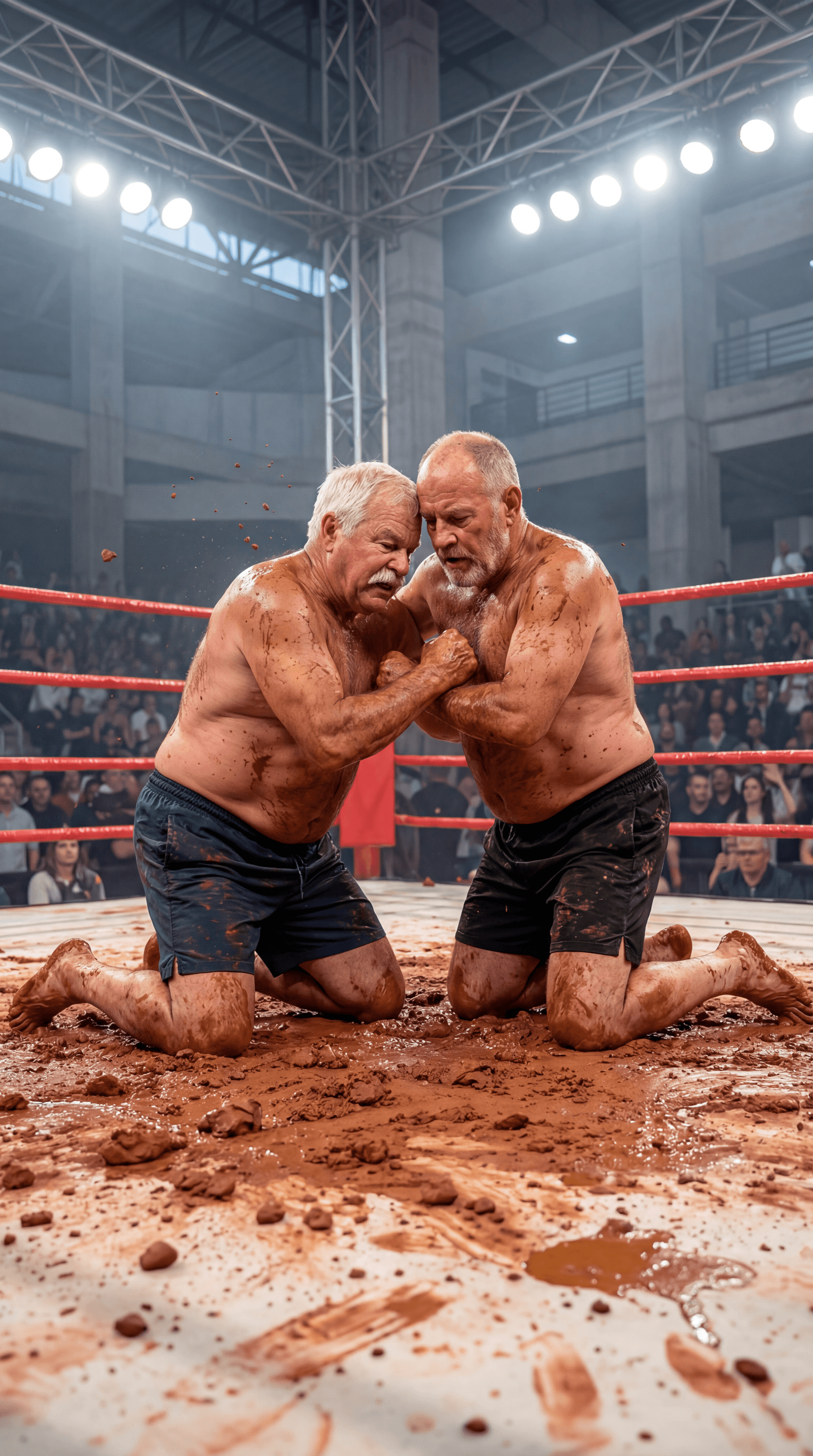 AI generated: REALISTIC SPORTS EVENT PHOTOGRAPH — INDOOR ARENA BOXING RING — RED CLAY MUD WRESTLING — VERTICAL 9:1...
