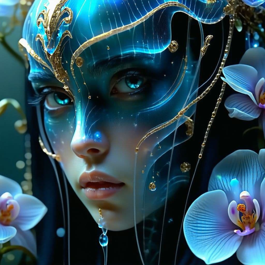AI generated: Goddess close-up portrait ribcagel. jellyfish phoenix head, nautilus, orchid, skull, betta fish, bio...