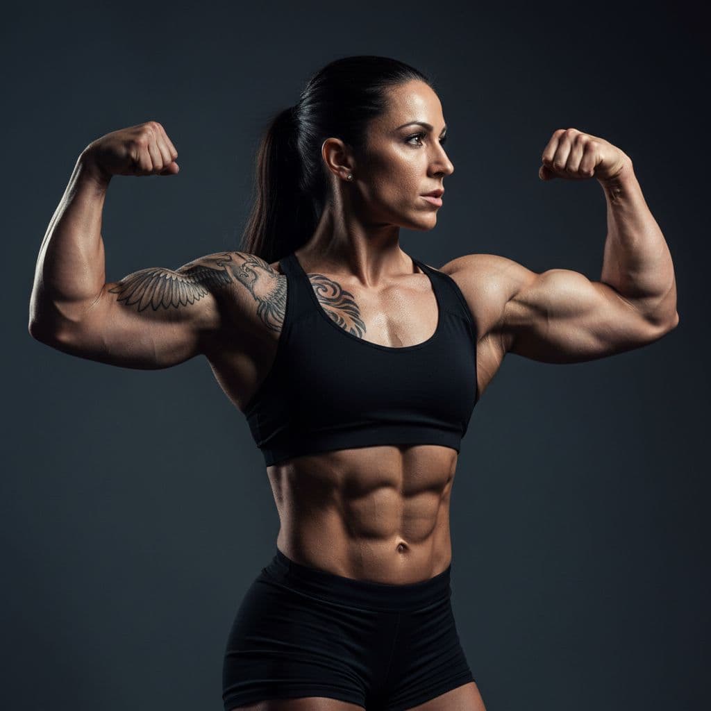 AI generated: A close-up portrait of a muscular woman in her 30s, with bulging biceps and triceps, deep muscle str...