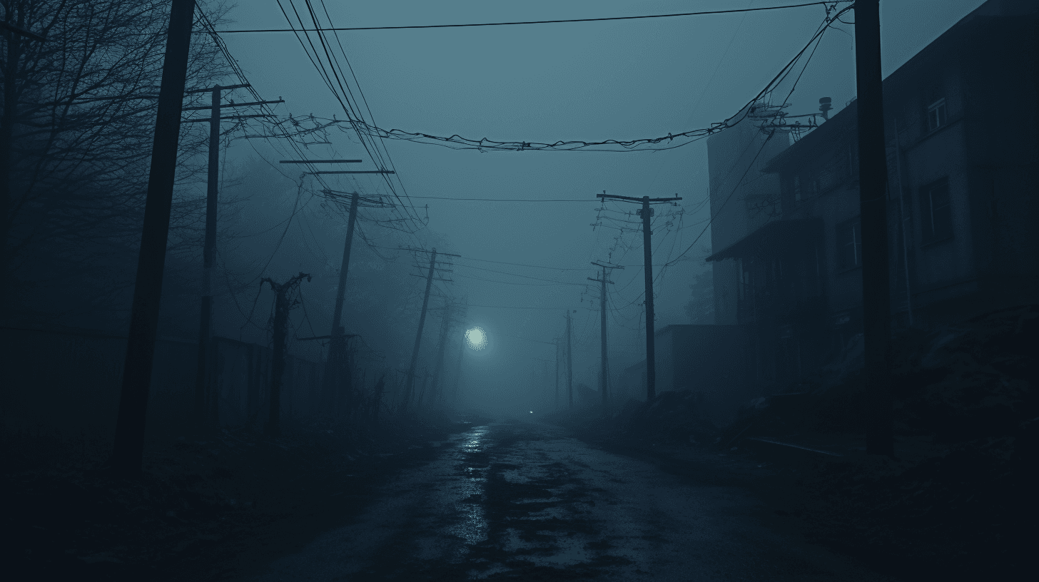 AI generated: "Dark foggy landscape, eerie unnatural light, abandoned distant structures, elongated shadows, cosmi...
