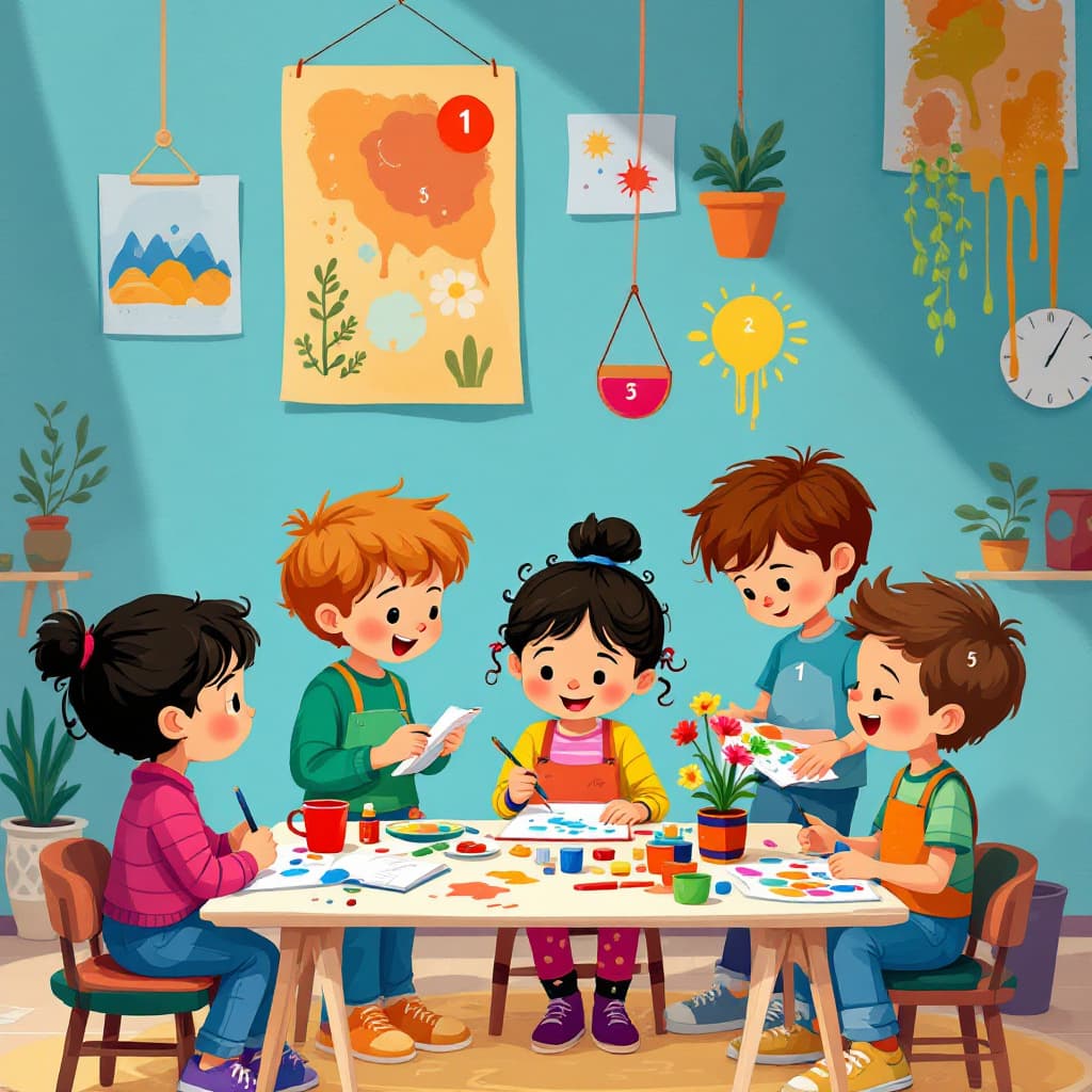 AI generated: "Crea una ilustración de una clase de arte donde los niños están haciendo cosas distintas: un niño e...