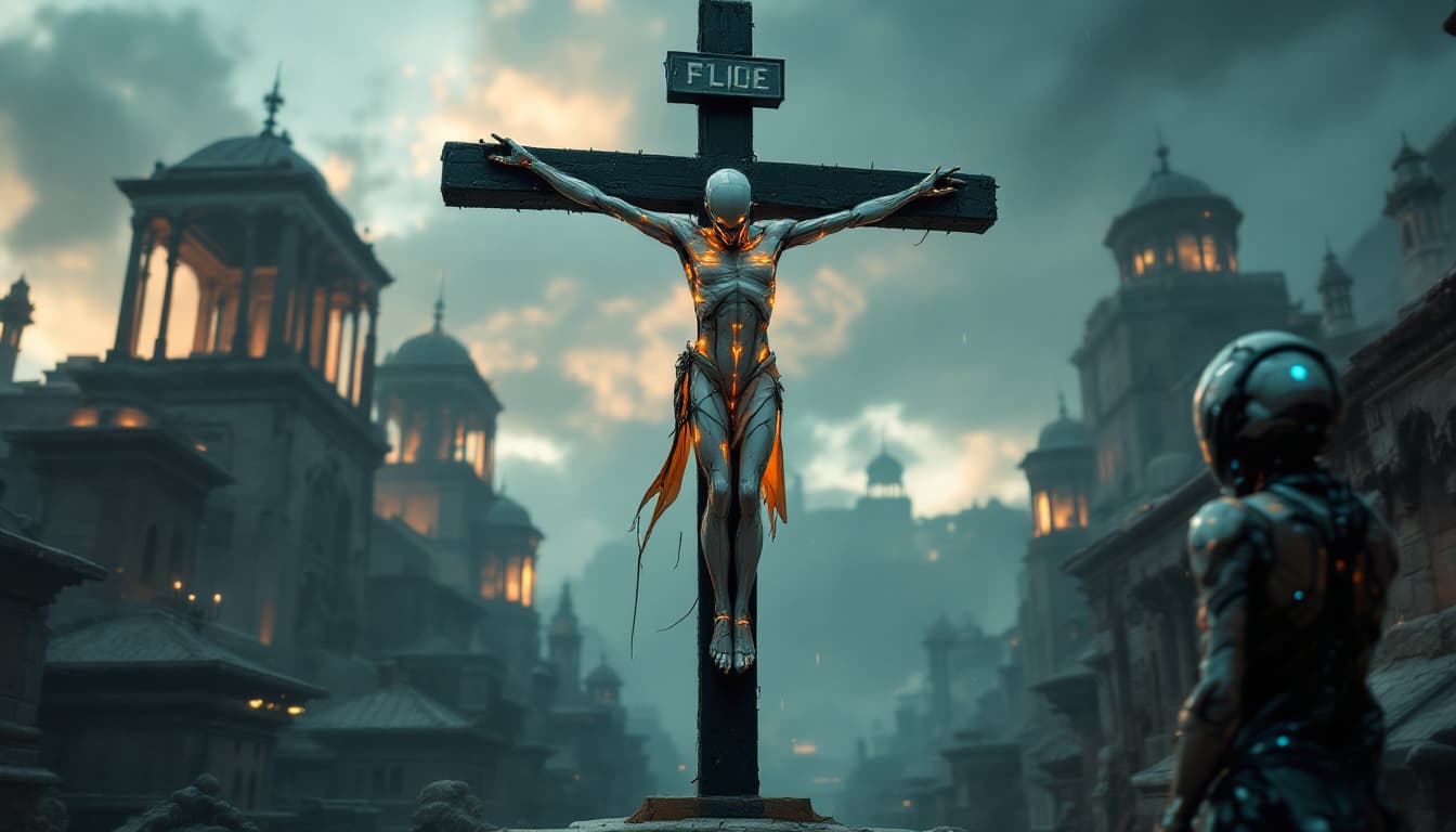 AI generated:  a sci-fi. scenery representing, futuristics humanoids crucified, againts   fictions cyber cross,in ...
