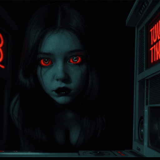 AI generated: girl with spooky glowing eyes closeup, crawling out a tv screen,  vintage tv set like in the movie "...