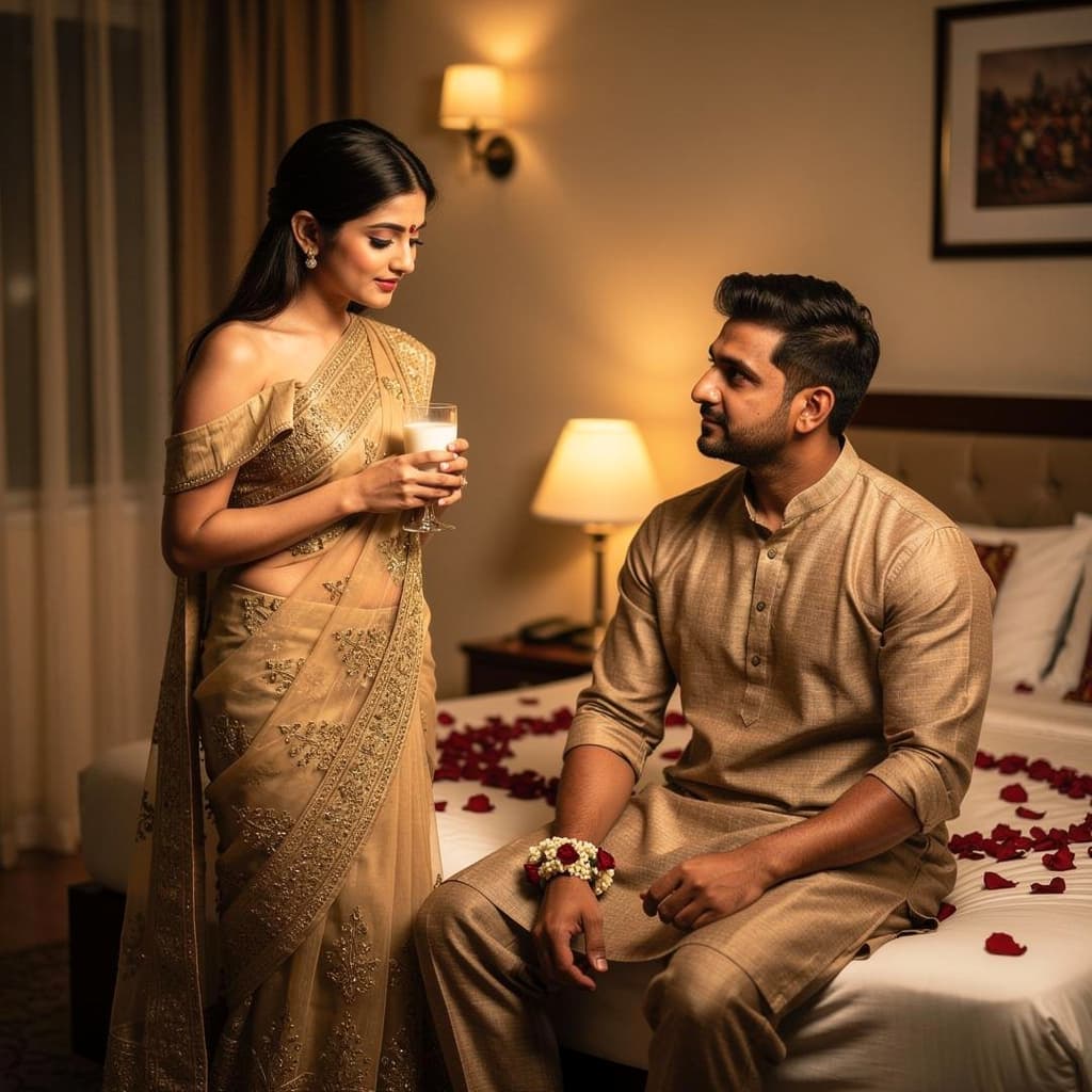 AI generated: Generate and Image of an 24 years age Indian couple, woman wearing saree exposing navel and cleavage...