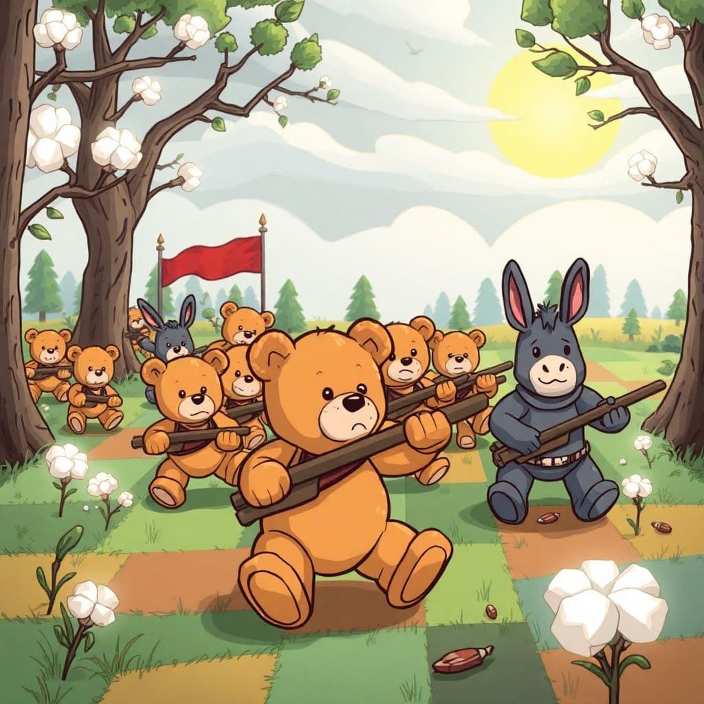 AI generated: teddy bear army fighting against the raggdoll rebels across the patchwork quilt fields throught the ...