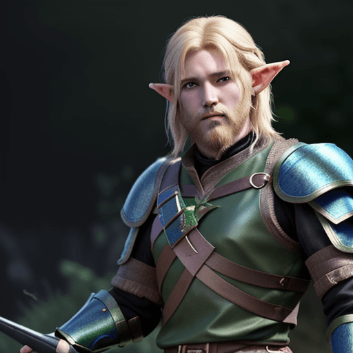 AI generated: Half-Elf male from D&D, shaggy blonde hair, bearded, ranger, black and green leather armor, uplight,...